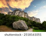 Scenic Bismantova Stone dominating the Tuscan-Emilian Apennines mountain landscape.