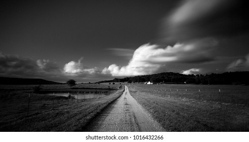 Scenic Black And White Rural Arkansas Landscape.