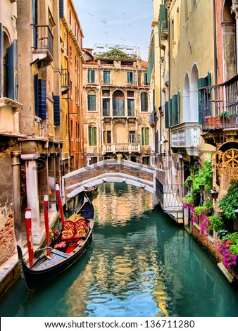Scenic canal with gondola, Venice, Italy