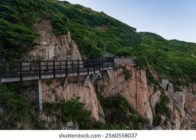 Scenic Cliffside Pathway Surrounded by Lush Greenery and Rocky Terrain   - Powered by Shutterstock