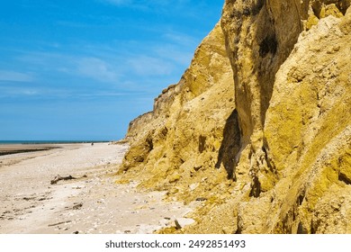 Scenic coastal cliffside under a clear blue sky on a sunny day. sandy beachfront with natural rock formations stretching along the shoreline.  - Powered by Shutterstock