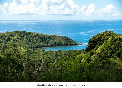 Scenic coastal view from a lush hillside overlooking tranquil waters - Powered by Shutterstock