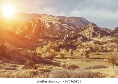 Scenic Colorado Landscape. Garden Of The Gods Park Sunset In Colorado Springs.