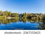 Scenic Colorado landscape near Grand Lake town with a view of the residential area on the shore of Grand Lake