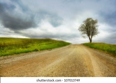 scenic country road with single tree and heavy clouds