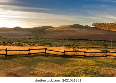 Scenic of Countryside Farmland nature and outdoor land scape with golden hour sunlight shining over the mountain and golden dried grasses, vacation and road trip around South africa, farm house, fense - Powered by Shutterstock