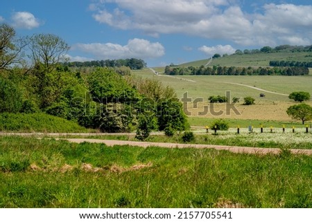 A scenic countryside view with woodland and grass meadows looking toward a tump, Sidbury Hill on Salisbury Plain