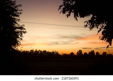 The Scenic Dark Tree Shadows Foreground On Evening Sky Light After Sunset 