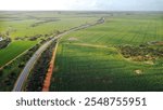 Scenic drive on North West Coastal Highway, Western Australia, with vibrant green fields, poppy-like flowers, tractor tracks, rainbow, and white wildflowers. Perfect for farming, nature, and landscape