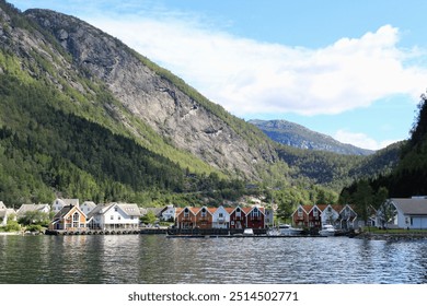 Scenic Fjord Village with Colorful Houses and Mountain Backdrop – Tranquil Nordic Landscape - Powered by Shutterstock