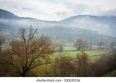 Scenic foggy autumn landscape in Vouraikos gorge near railway, Peloponnesse, Greece - Shutterstock ID 530520136
