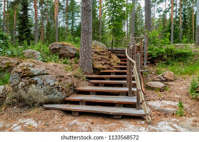 Scenic forest landscape with wooden stairway and rope railings alongside the stone nature hiking trail. - Powered by Shutterstock