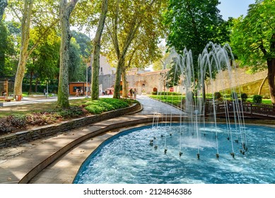 Scenic fountain at Gulhane Park in Istanbul, Turkey. The oldest park in Istanbul was once part of the outer garden of Topkapi Palace. The garden is a popular place among tourists and residents.