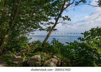 A Scenic Framed View Of The Sandy Hook Bay From The Henry Hudson Trail In Atlantic Highlands.