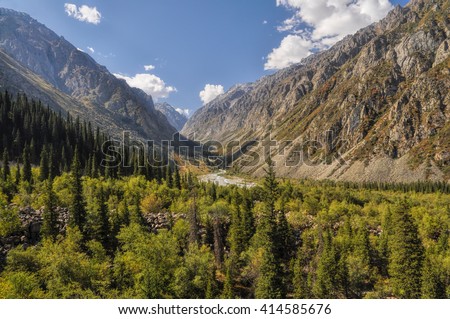 Scenic green valley in Ala Archa national park in Tian Shan mountain range in Kyrgyzstan