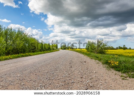 Scenic grey gravel road at countryside during intermittent cloudy spring day.  Low angle photo of pebbly street curving between green bushes, yellow rapeseed fields, and blooming dandelion flowers.