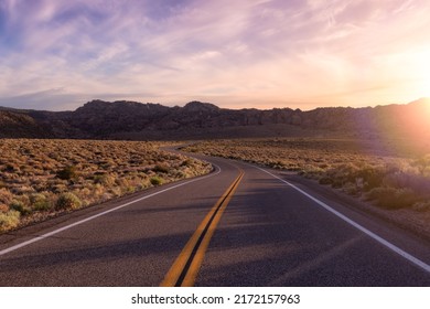 Scenic highway in the mountain landscape. Sunset Sky Art Render. State Route 120, California, United States of America. Adventure Travel