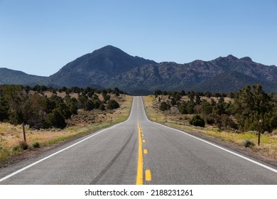 Scenic Highway Route In The Desert With American Mountain Landscape. Sunny Morning. Utah, United States Of America.