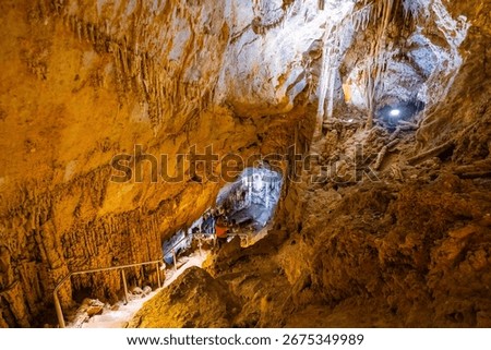 A scenic and illuminated view of the caverns inside Lewis and Clark Caverns State Park is captured, highlighting the stunning geological formations and the unique lighting that enhances their beauty