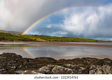 Scenic Irish Beach Landscape Rainbow Reflection, The Wild Atlantic Way On West Coast Of Ireland