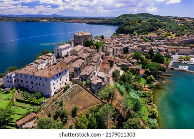 Scenic lakes of Italy - beautiful Bolsena. aerial view of Capodimonte medieval village. Viterbo province, Lazio region
