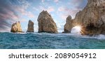 Scenic landmark tourist destination Arch of Cabo San Lucas, El Arco, whale watching and snorkeling spot.