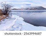 Scenic landscape of Baikal Lake in December during freeze-up. Olkhon Gate Strait with fields of floating ice and snowy hills of Olkhon Island in distance. Icy shore on frosty day. Natural background