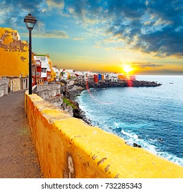 Scenic Landscape. Canary Island Seascape.Tenerife Village And Sunset