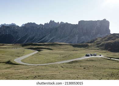 Scenic landscape of Giau Pass or Passo di Giau - 2236m. Mountain pass in the province of Belluno in Italy, Europe. Italian alpine landscape. Travel icon of the Dolomites                               
