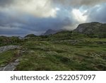 Scenic Landscape of Lofoten Islands Showcasing Grasslands, Mountains, and Dramatic Clouds in Nordland County, Norway