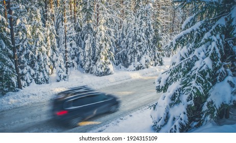 Scenic landscape of winter forest. Pine and spruce trees covered by snow. Car on road in motion. Beautiful nature.