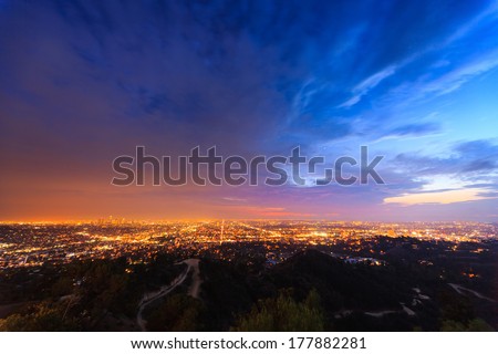 Scenic Los Angeles city cityscape at twilight.