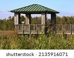 Scenic Louisiana birding and wildlife watching from public recreation viewing deck equipped with scope at Cameron Prairie National Wildlife Refuge
