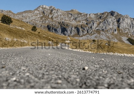 Scenic low-angle view of an empty mountain road curving through golden hills in Durmitor National Park, Montenegro. Ideal for travel, adventure, freedom, or outdoor journey concepts.