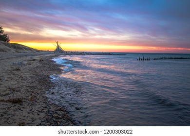 Scenic Michigan Lake Superior Beach Sunset. Sunset Horizon And Beach Hut On The Coastline Of Lake Superior Along The Graveyard Coast. Whitefish Point In The Upper Peninsula Of Michigan.