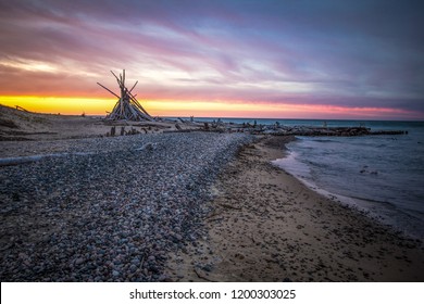 Scenic Michigan Lake Superior Beach Sunset. Sunset Horizon And Beach Hut On The Coastline Of Lake Superior Along The Graveyard Coast. Whitefish Point In The Upper Peninsula Of Michigan.