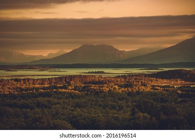 Scenic Midnight Sun Panoramic Wilderness Landscape Near The Hamsund Nordland, Norway.