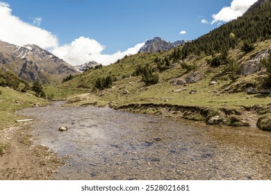 Scenic mountain landscape with a clear stream flowing through a lush green valley under a bright blue sky - Powered by Shutterstock