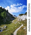 Scenic mountain panorama above Ovronnaz in pristine natural wilderness in Swiss Alps in the Summer