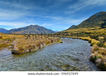 Scenic mountain ranges in Ashburton Lakes region in Canterbury, New Zealand