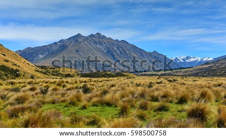 Scenic mountains in Ashburton Lakes region in Canterbury, New Zealand