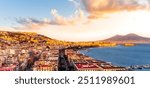 scenic Naples landscape of Vomero hill view, strets and architrcture buildings and amazing sea coast and mount Vesuveus on background