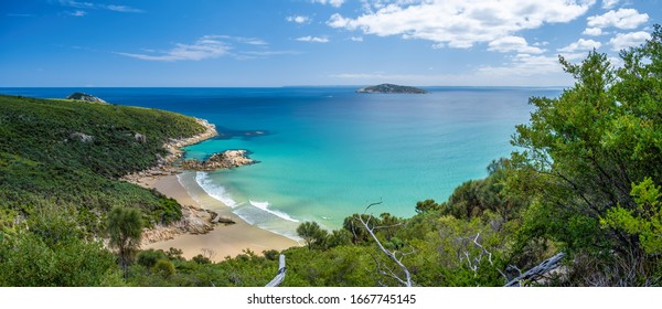Scenic ocean views from Tongue Point - Darby River walk in Wilsons Promontory National Park, Australia - panorama - Shutterstock ID 1667745145
