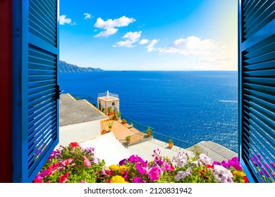 Scenic open window view on a sunny summer day of the Mediterranean Sea  and Italian coastline from a room along the Amalfi Coast near Sorrento, Italy - Powered by Shutterstock