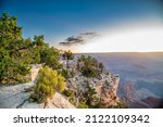 Scenic overlook of the Grand Canyon South Rim at summer sunrise, Arizona