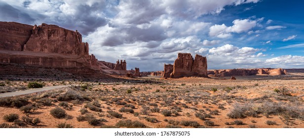 Scenic Overlook Of Towering Sandstone Giants Seen Along Arches Scenic Drive Near The Park Avenue Section Of Arches National Park, Moab, Utah