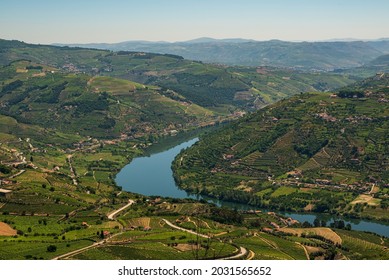Scenic overview of the vineyards in the beautiful Douro river valley from „Miradouro de São Silvestre do Cimo do Douro“ viewpoint, Vila Real district, Viseu district, Portugal - Shutterstock ID 2031565652