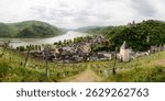 Scenic panorama of Bacharach, Germany, from a vineyard viewpoint. Shows the historic town, Stahleck Castle, Wernerkapelle ruins, and St. Peter