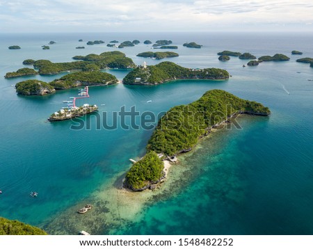 Scenic Panorama Drone Aerial Picture of the Hundred Islands National Park in Pangasinan, Philippines