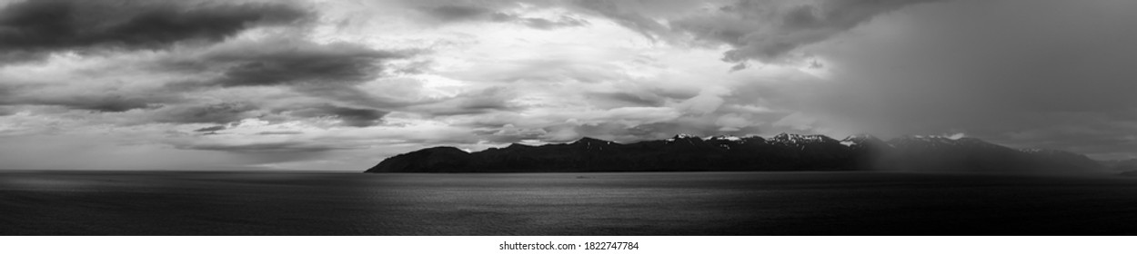 Scenic Panorama View Over 
Eyjafjörður In Iceland In A Moody And Dark Atmosphere
